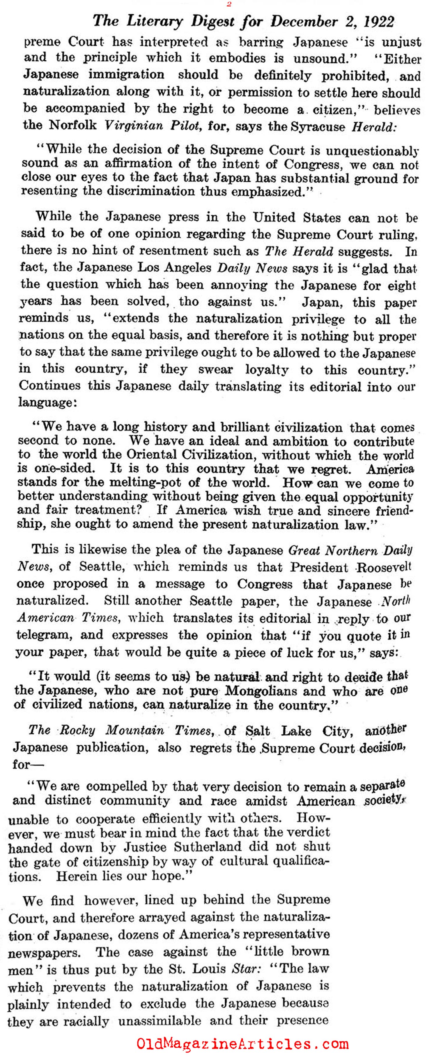 No Citizenship for Japanese Immigrants (Literary Digest, 1922)